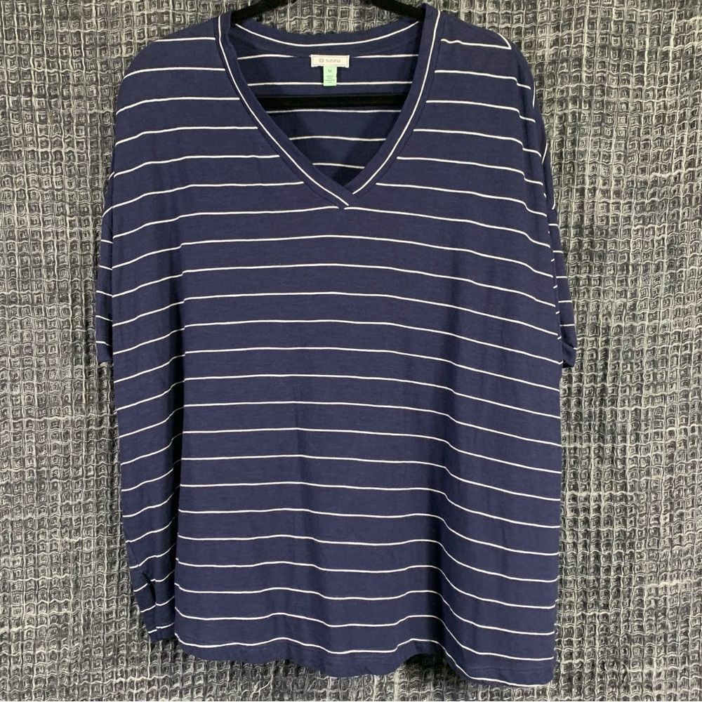 SUSINA Casual Blue with White Stripes Pullover T-Shirt Size M #740